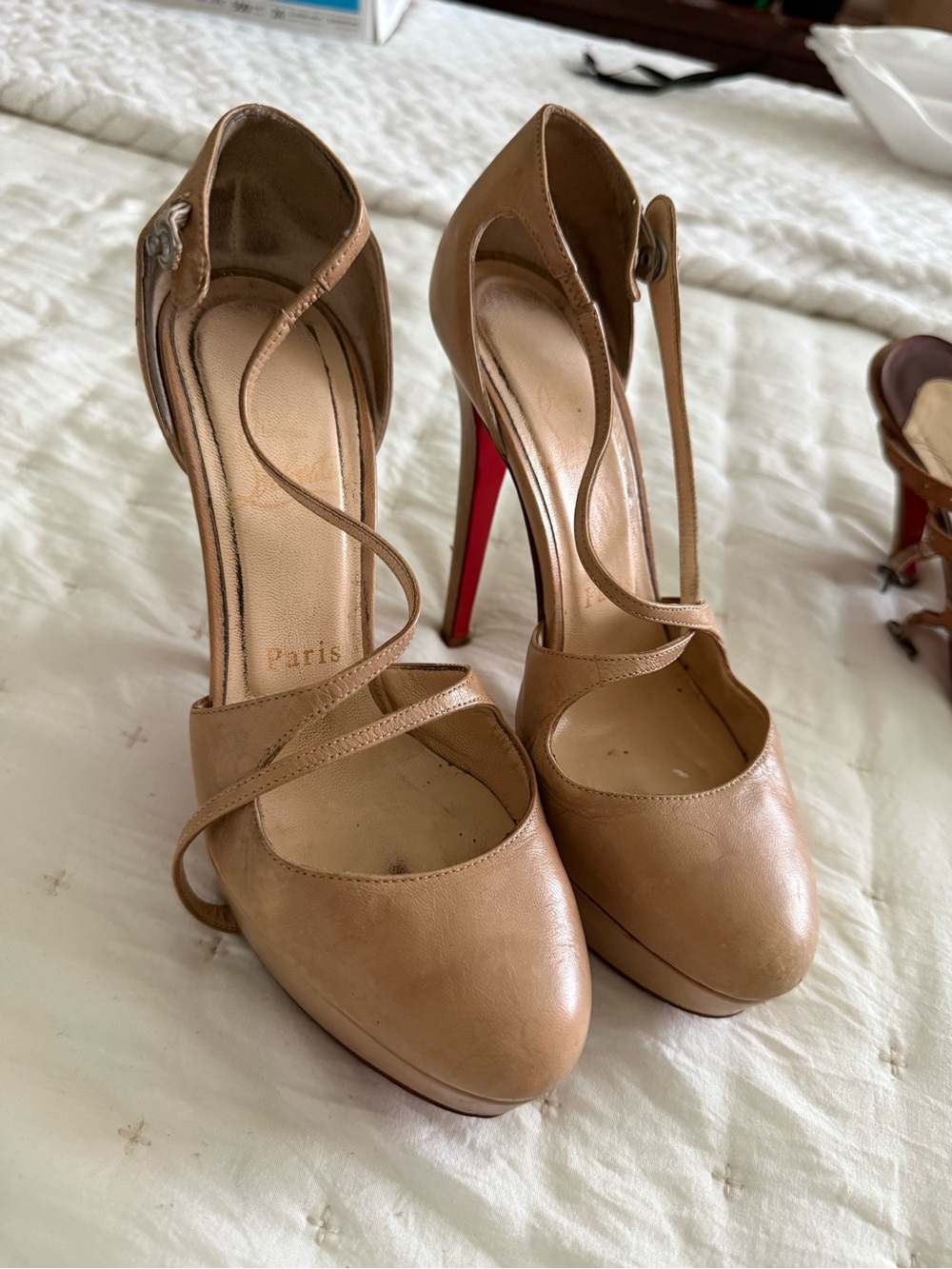 Christian Louboutin Beige Leather Ankle-Strap Heels with Red Soles - Picture 2 of 8